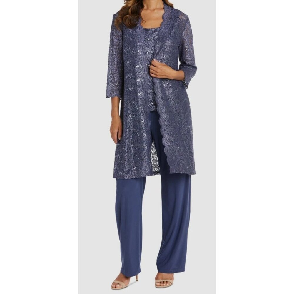 R&M Richards Women's Light Blue 3 PC Sequined-Lace Jacket Top Pants Set NEW